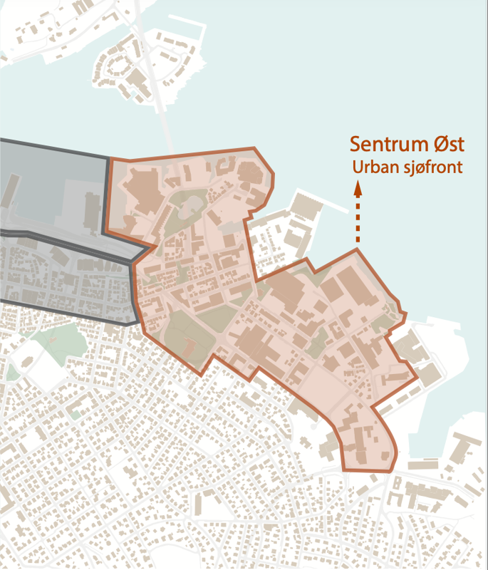 Kart over sentrumsområdet øst for Nytorget, til og med Lervigskvartalet i østre bydel. 