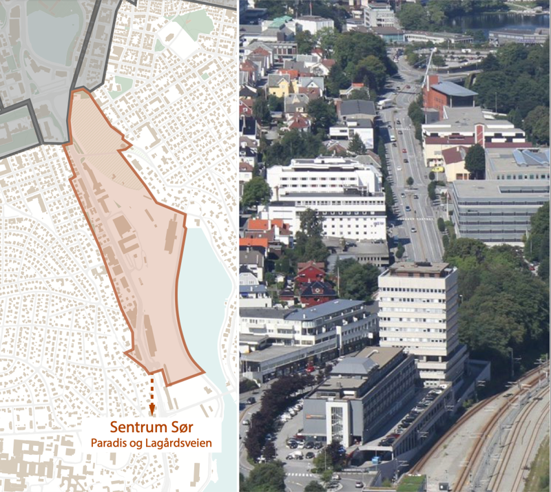Kart over sentrumsområdet sør for jernbanen, med Lagårdsveien og Paradis, og et bilde av Lagårdsveien ovenfra. 
