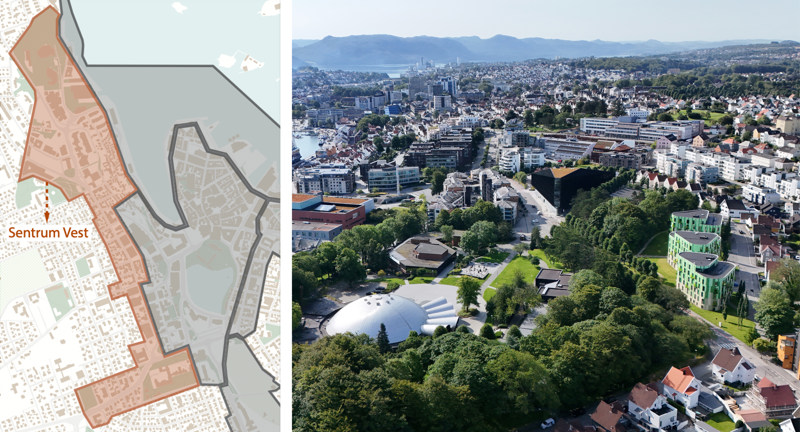 Kart over vest-delen av sentrumsplanen (Bjergsted, Løkkeveien m.m.) og et dronebilde over Bjergsted. 