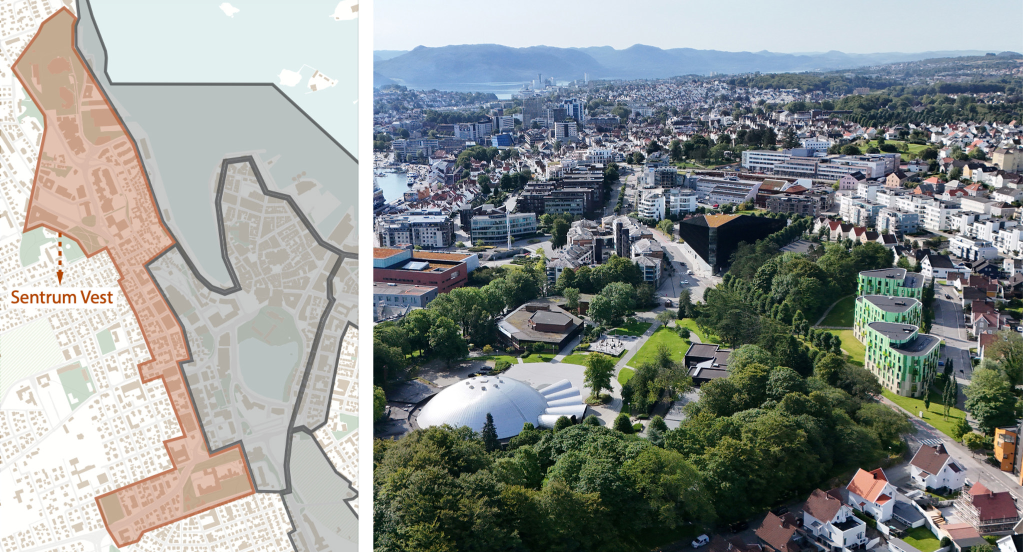 Kart over vest-delen av sentrumsplanen (Bjergsted, Løkkeveien m.m.) og et dronebilde over Bjergsted.