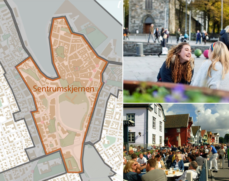 Kart som viser at sentrumskjernen dekker området mellom Breiavatnet og ut til Holmen, samt ca. midt på Skagenkaien i vest og bort til Jorenholmen i øst. Et bilde av unge damer på benk foran Domkirken, og folkeliv i Vågen. 