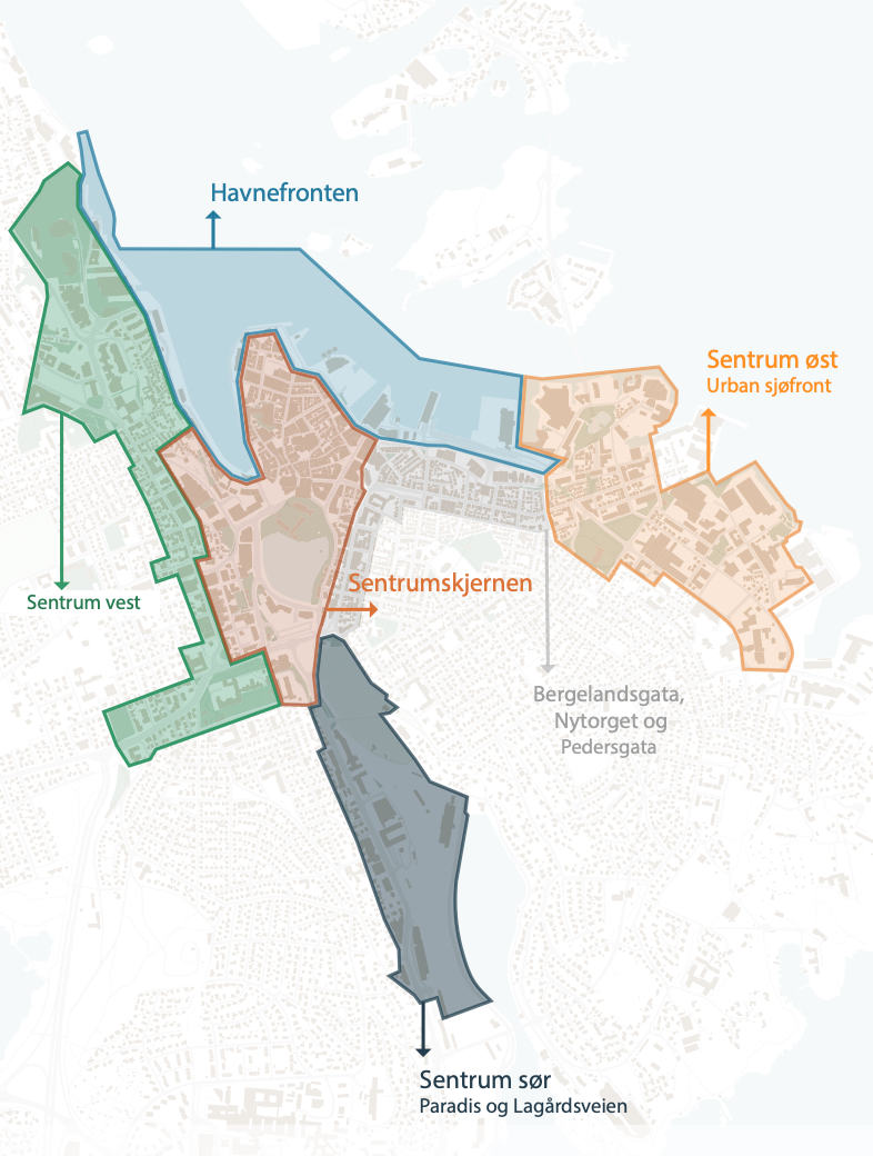 Figur 3. Planens områdeløsninger er beskrevet for disse 6 områdene: Havnefronten, sentrum vest, sentrum øst, sentrumskjernen og sentrum sør (Paradis og Lagårdsveien)