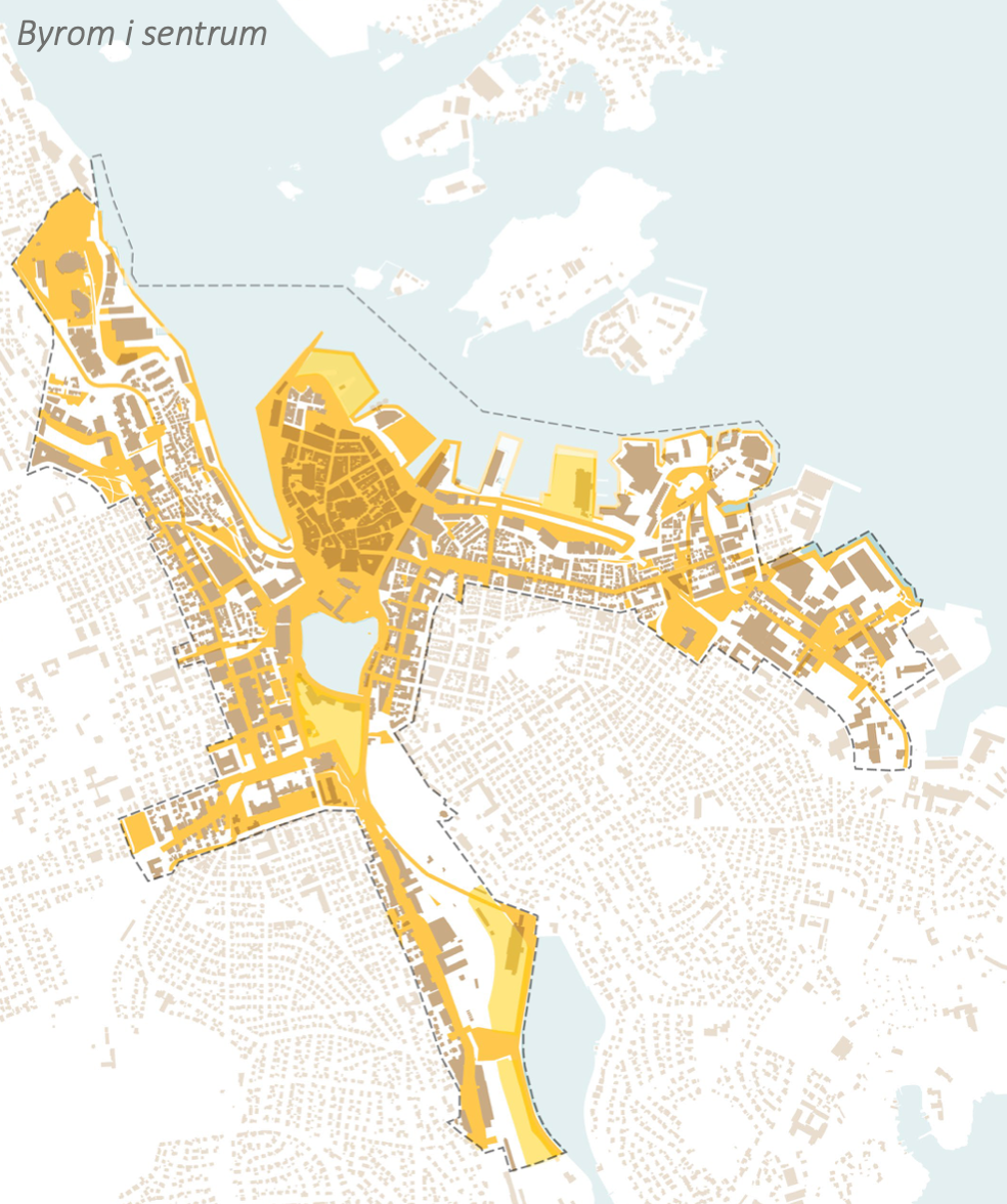 Figur 6 - Byromsnettverket i sentrum; gågater, parker, gater med aktive førsteetasjer, sykkelveier og gangveier