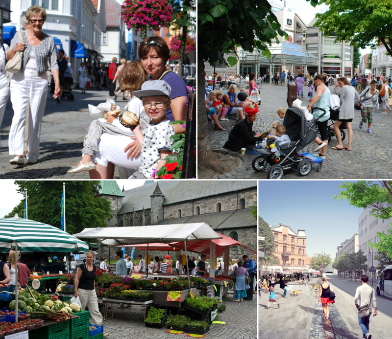 Bilder fra Arneageren, bygater og torget foran Domkirken. Sentrums byrom er mangfoldige. Planen har løsninger som skal øke bruken av byrommene, og gjøre dem mer attraktive.