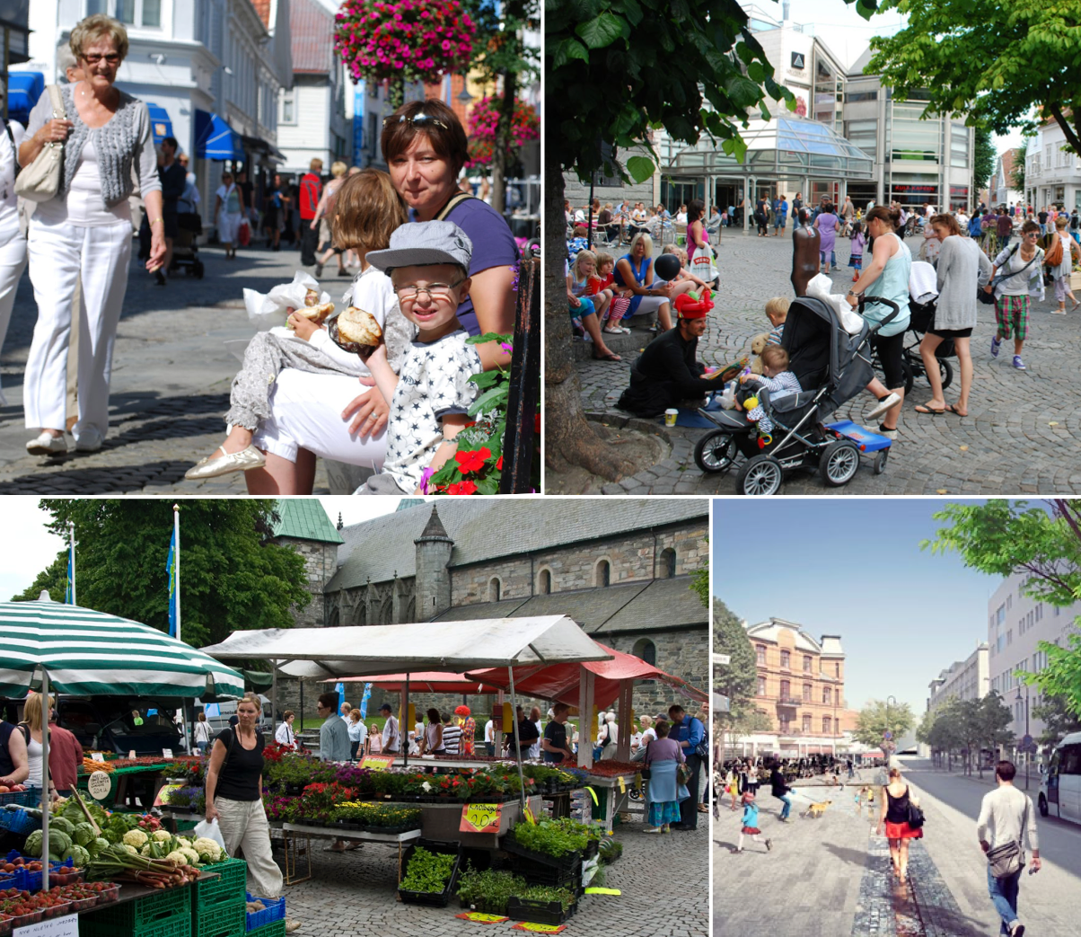 Bilder fra Arneageren, bygater og torget foran Domkirken. Sentrums byrom er mangfoldige. Planen har løsninger som skal øke bruken av byrommene, og gjøre dem mer attraktive.