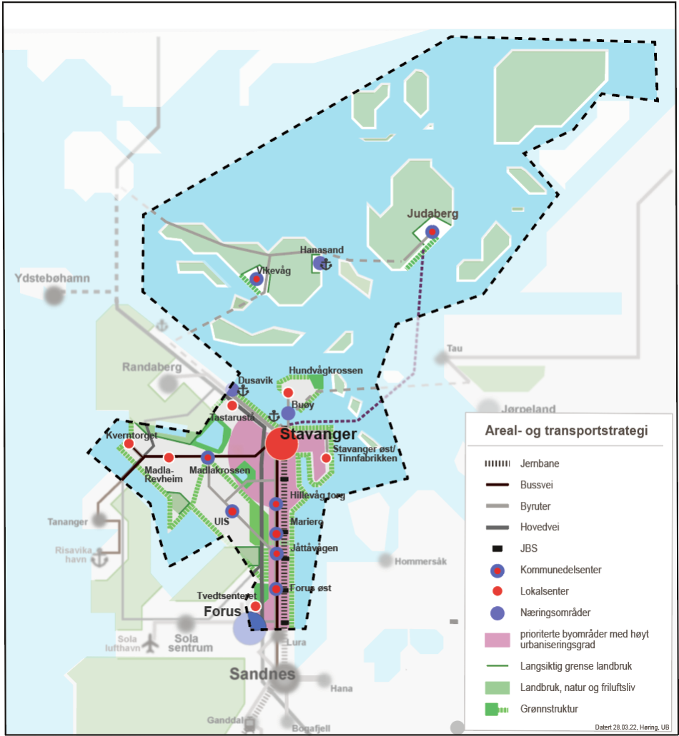 Areal- og transportstrategi som viser trafikk-knutepunkter og hoved-utbyggingsområder i Stavanger kommune.Det skal byggest tettest langs jernbanen/bussvei og i kommunedelssentrene.