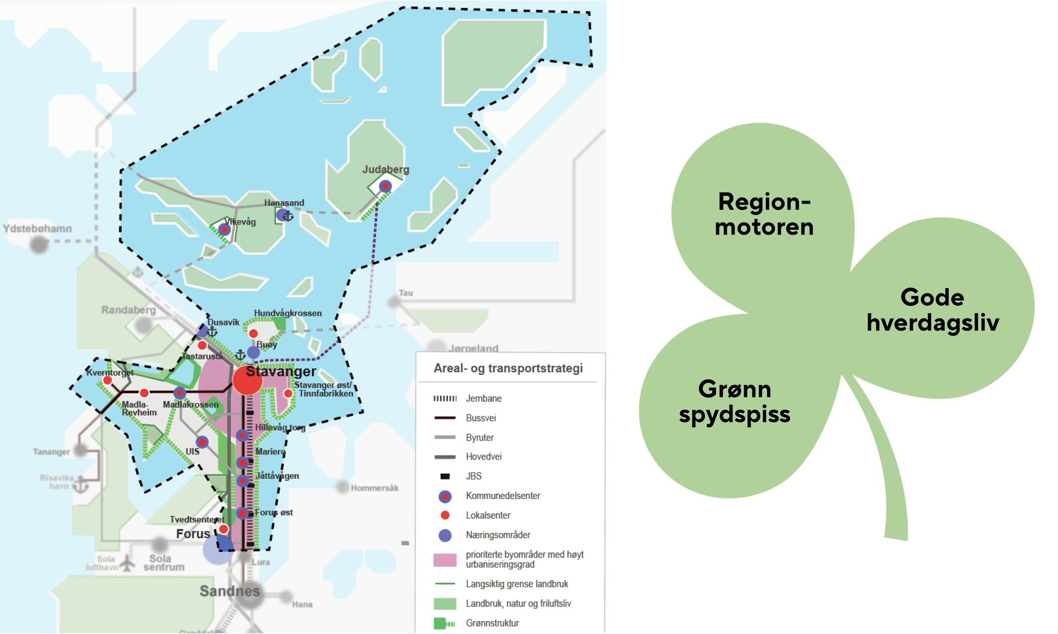 Kart som viser areal- og transportstrategien. Bybåndet mellom Stavanger og Sandnes, bussveien mot vest, båtruter til Judaberg og Hanasand