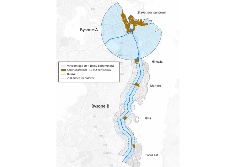 Kart som viser  bysone A (nærmest sentrum) og de delene av  bysone B som ligger innenfor 200 m fra bussveien, med unntak av områder med eneboligbebyggelse på Boganes, Gausel, Vaulen og Hinna. 