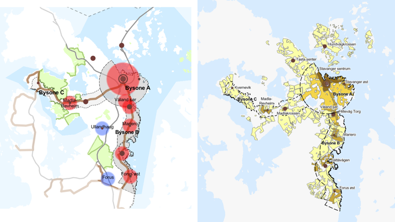 To kart, der det ene viser bysone A (sentrum), B (bybåndet) og C (vestaksen ut til Madla/Revheim). Det andre kartet viser at områdene er delt inn i et mer finmasket nett av soner i forskjellige oransje og lysebrune farger. 
