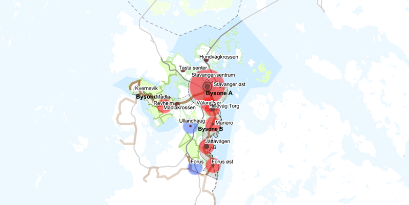 Stilisert kart som viser hvor i Stavanger det legges opp til å skje mest utbygging; i sentrum, langs bybåndet og i lokalsentrene.