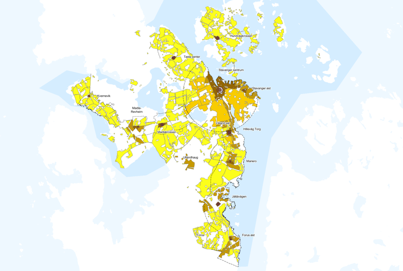 Kart over sentrale strøk i Stavanger, der de mest sentrale områdene (sentrum og lokalsentre/bydelssentre) har mørkebrun farge. Andre felt har lysere brun-, oransje- og gulfarger alt etter hvor sentrale de er. 