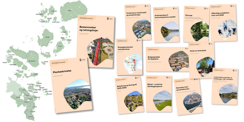 kart over Stavanger kommunes arealer, og faksimiler av alle forsidene til plandokumentene til kommuneplanens arealdel. 