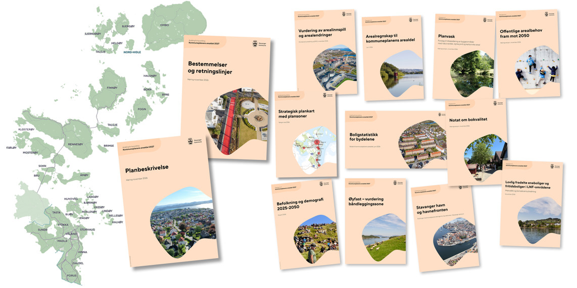 kart over Stavanger kommunes arealer, og faksimiler av alle forsidene til plandokumentene til kommuneplanens arealdel.