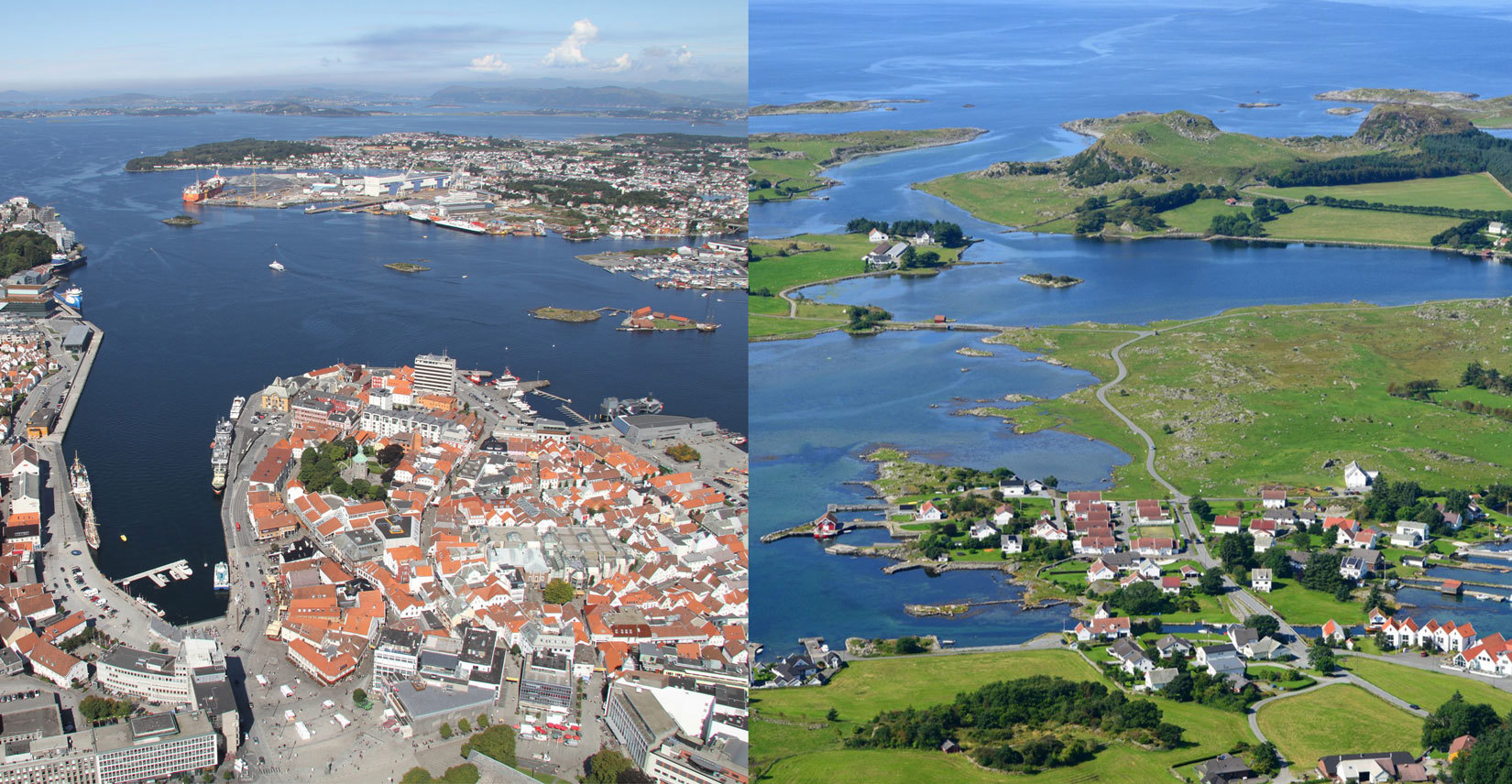 Bilde av stavanger sentrum til venstre, og øylandskap til høyre