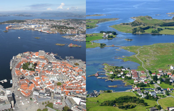 Bilde av stavanger sentrum til venstre, og øylandskap til høyre