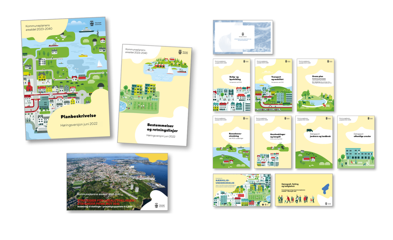 Bilde over alle forsidene til planene og strategiene og rapportene som hører inn under kommuneplanens arealdel. 