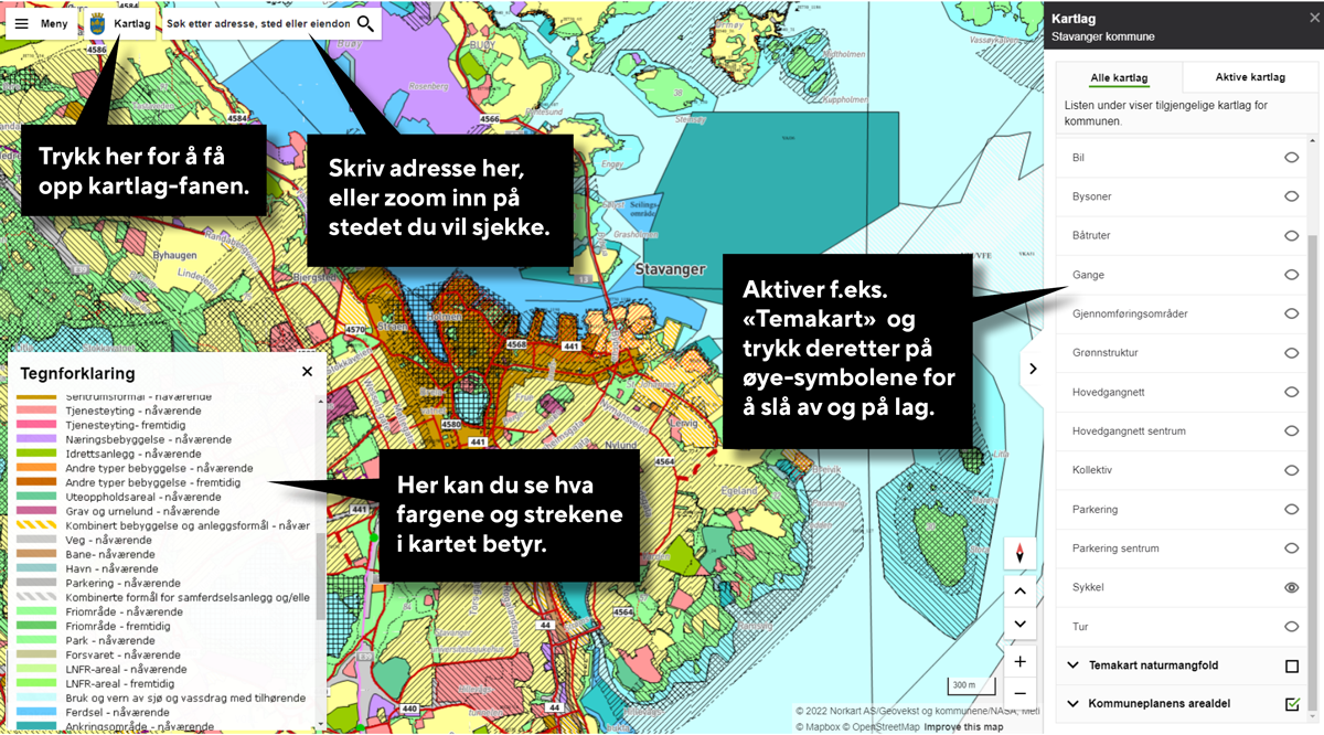 Skjermbilde fra kommunekart.com og forklaring av hvordan man kan skru av og på lag for f.eks. temakartene.