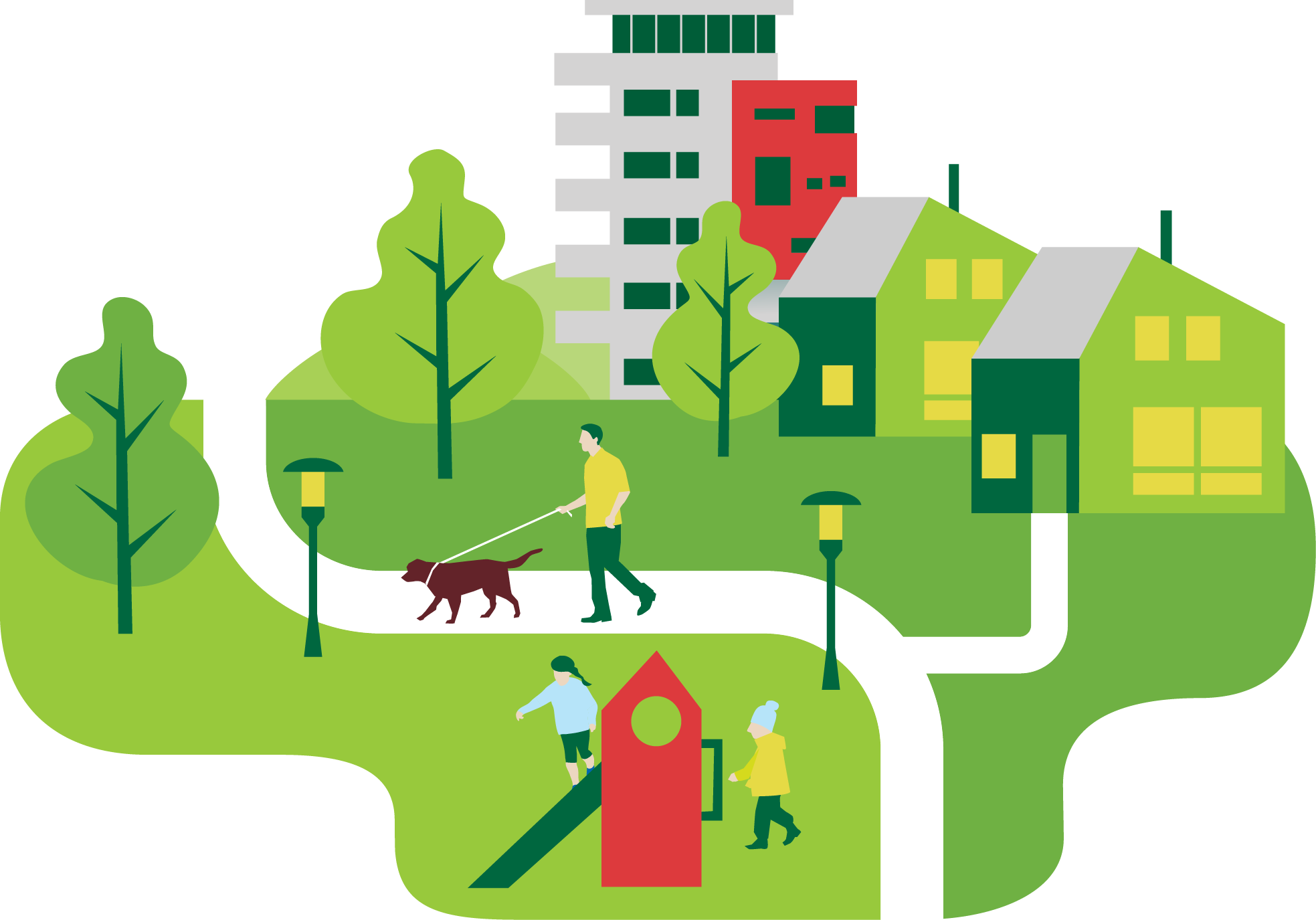 Illustrasjon av bymiljø med grønne områder