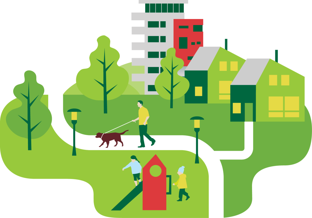 Illustrasjon av bymiljø med grønne områder