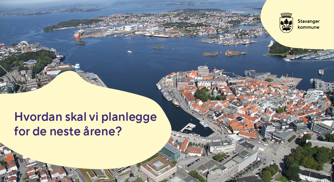 Flyfoto fra sentrum og teksten: "Hvordan skal vi planlegge for de neste årene?"