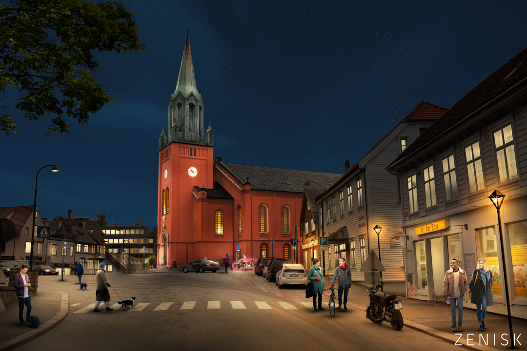 Slik kan St. Petri kirke se ut med ny belysning.
St. Petri med ny belysning. Kirken får nytt lys i november.