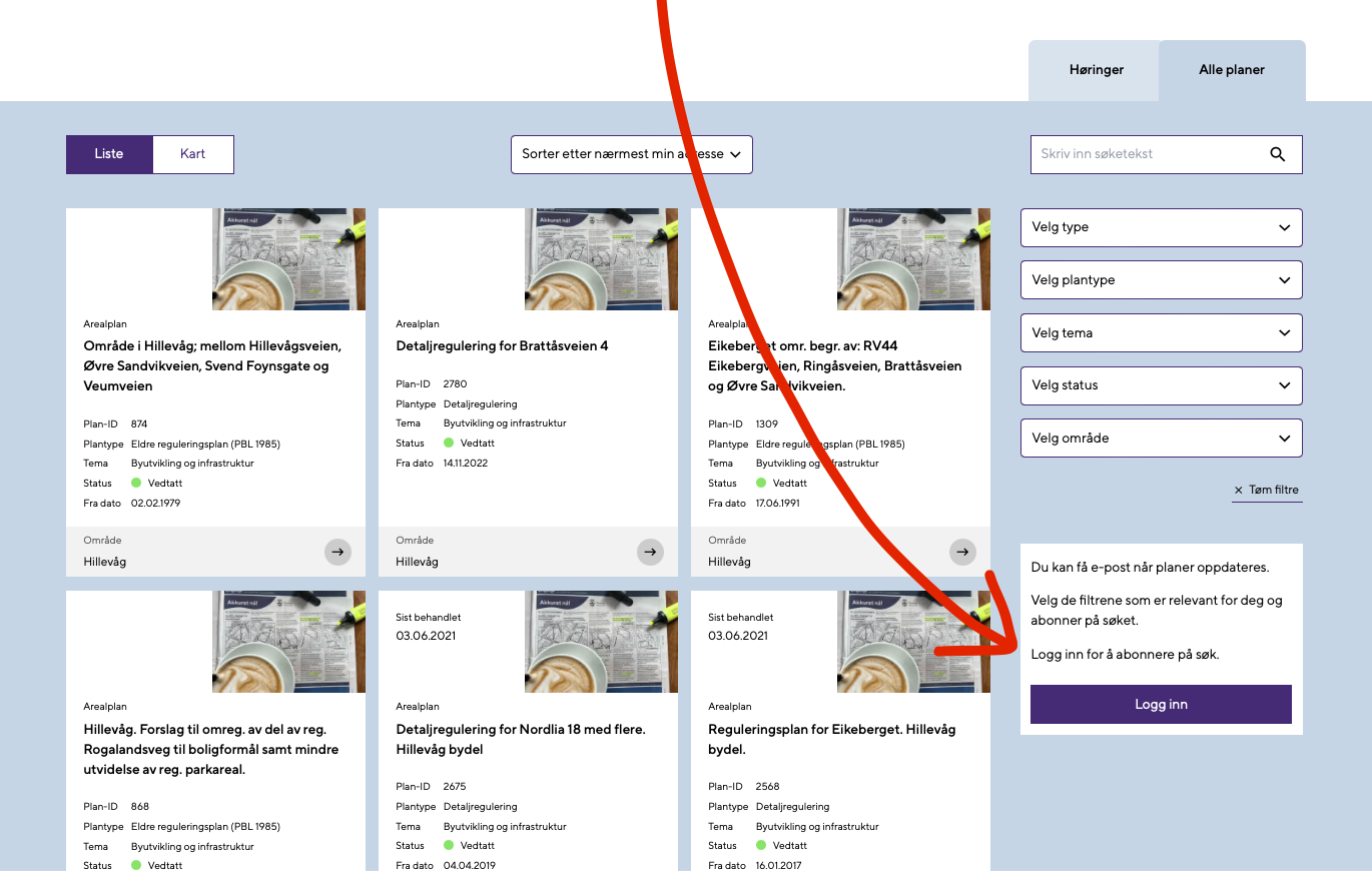 Skjermbilde fra stavangerplaner.no der man kan søke på planer, og deretter trykke på "Logg inn" og opprette abonnement på nye søkeresultater
