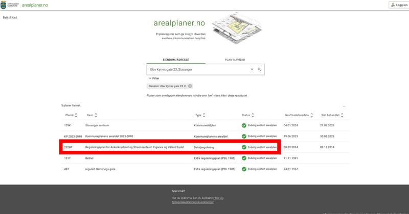 Skjermbilde fra arealplaner.no som viser at bestemmelsene ligger øverst i listen over dokumenter som tilhører planen. 