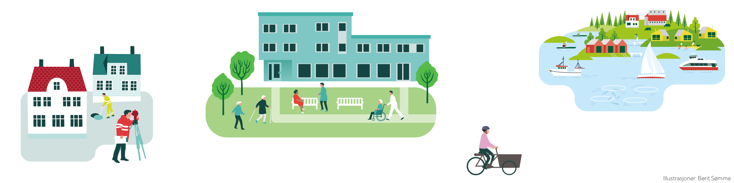 Illustrasjoner av hus og oppmåling av eiendom, syklist, et sykehjemsbygg og et hytteområde ved sjøen