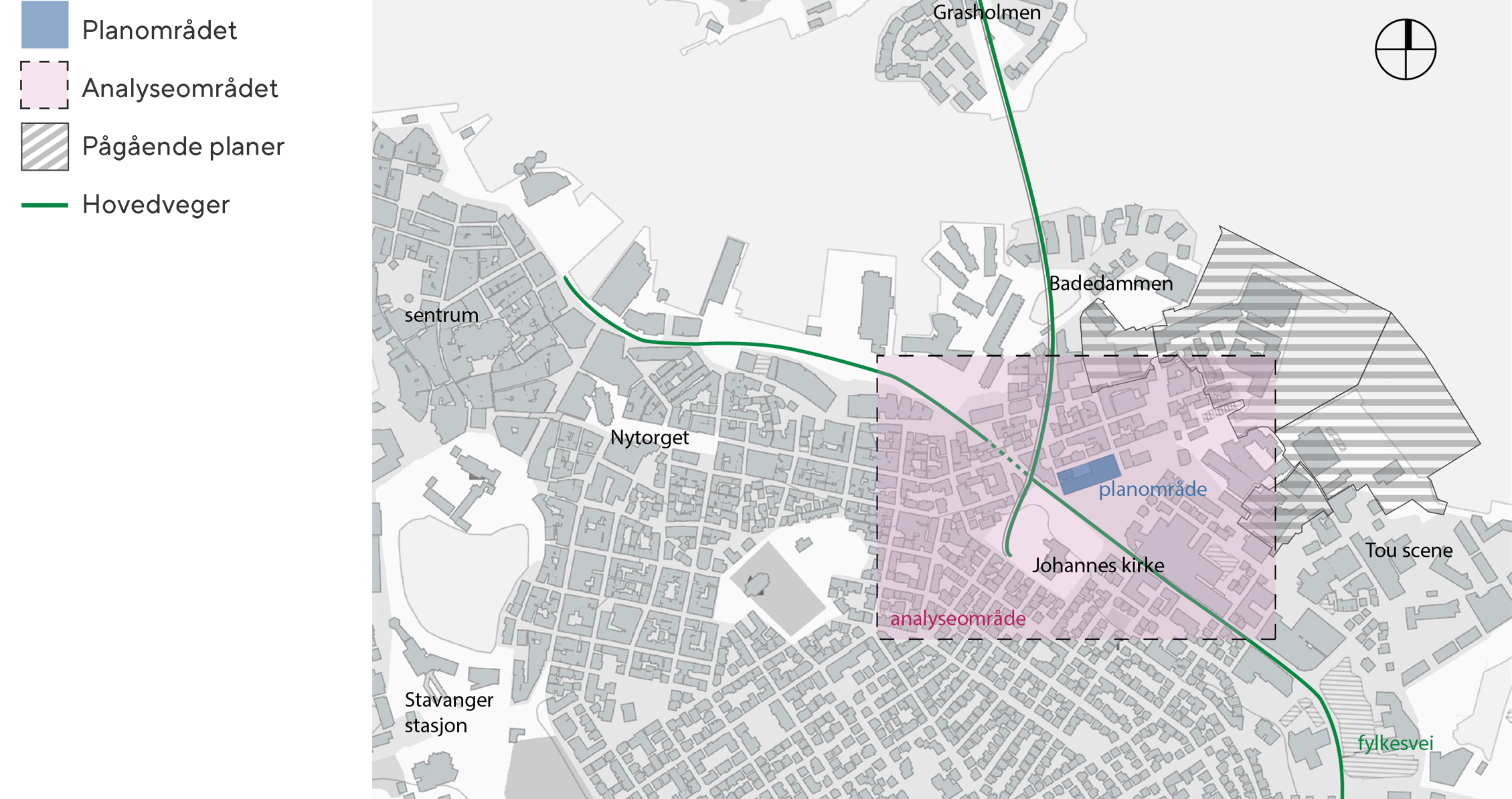 Oversiktskart som viser planområdet og bydelen rundt.