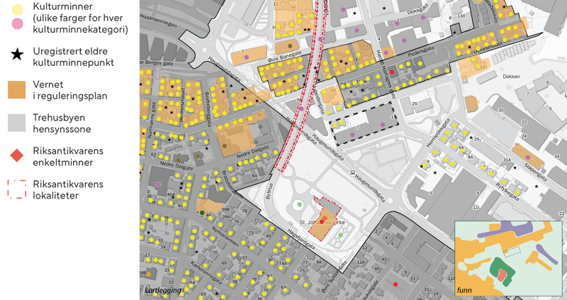 Kart over planområdet, med markering av ulike typer kulturminner.