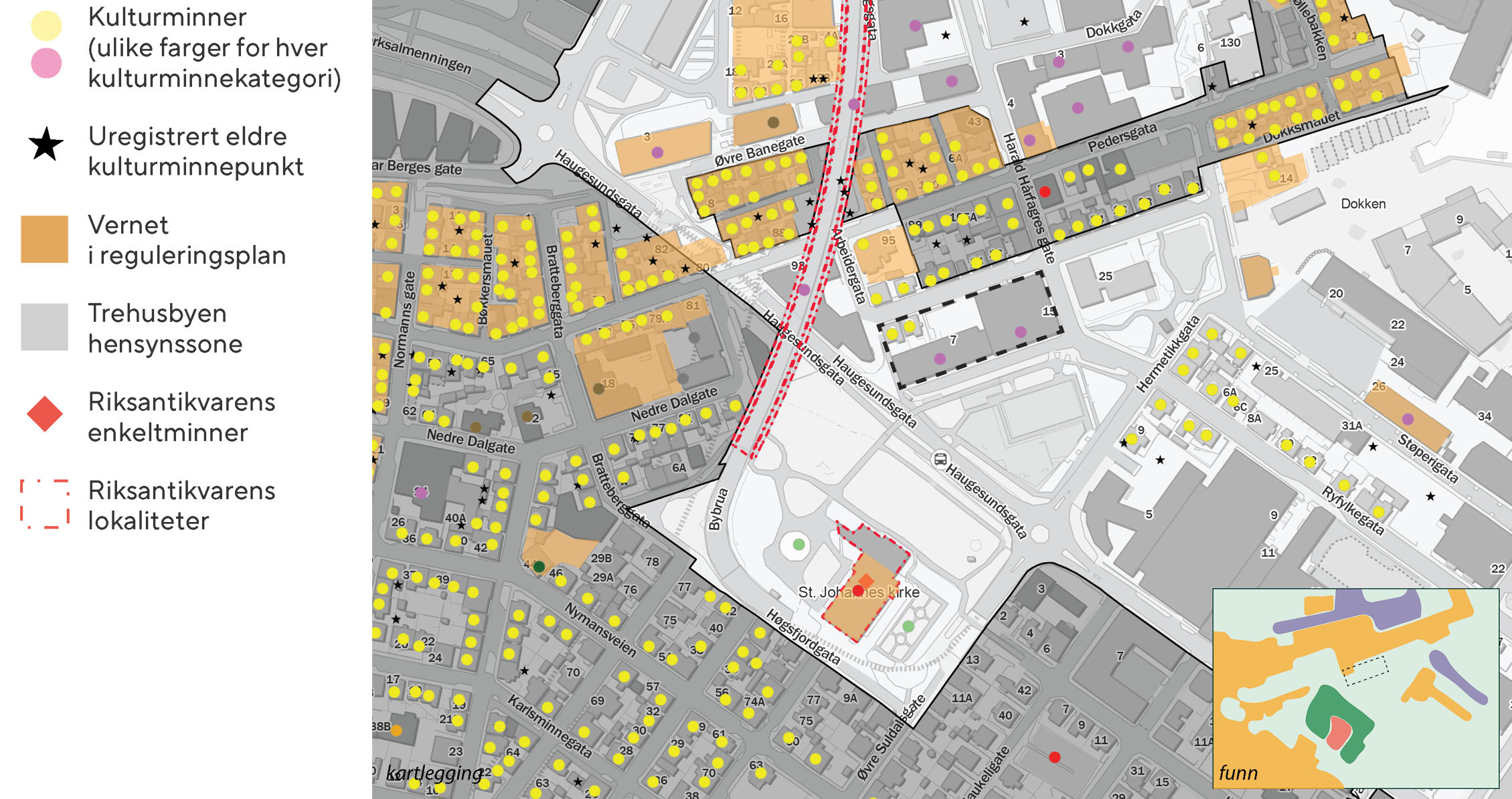 Kart over planområdet, med markering av ulike typer kulturminner.