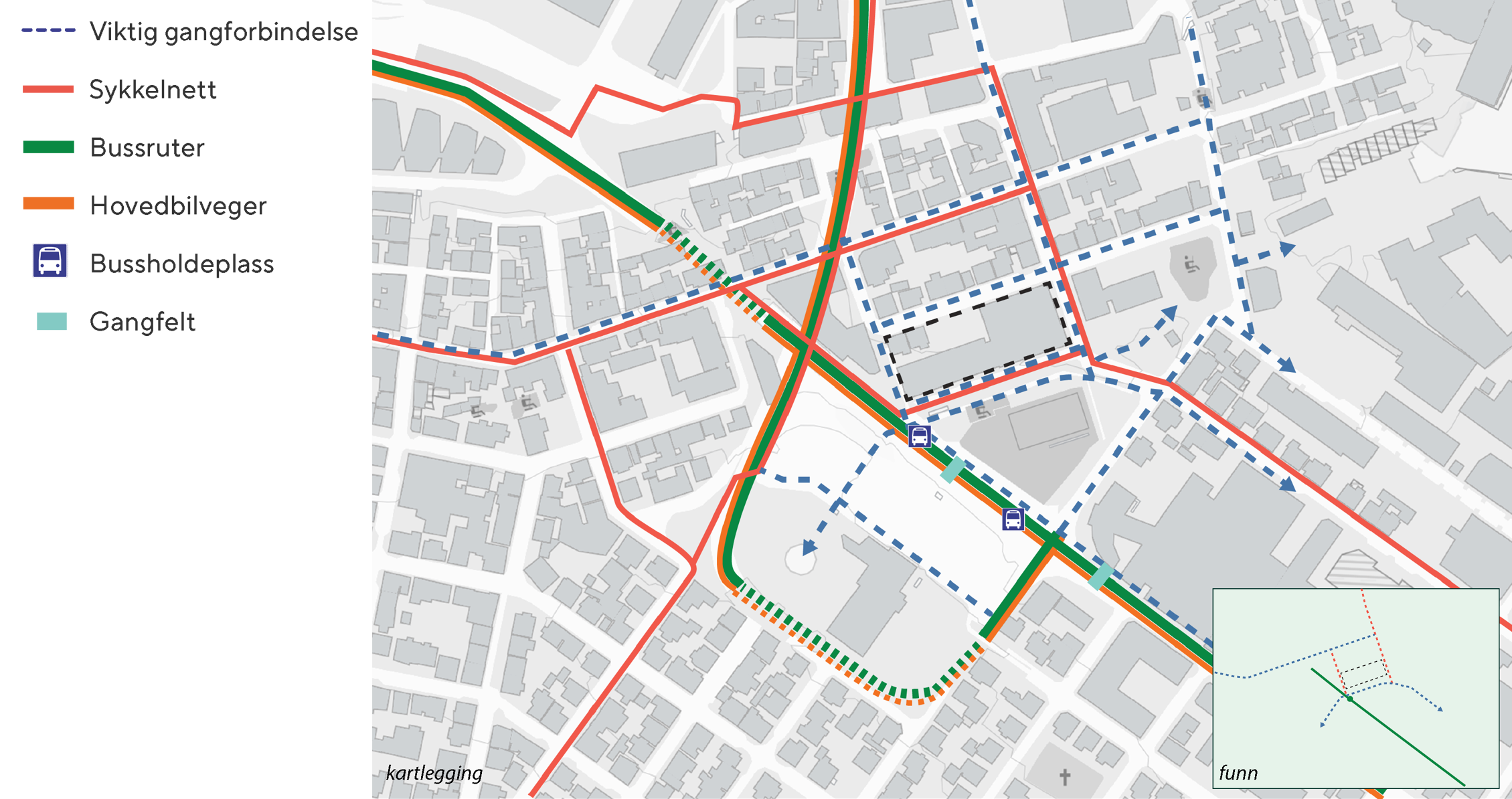 Kart der sykkelveger, bussholdeplasser og andre mobilitetspunkter er markert.