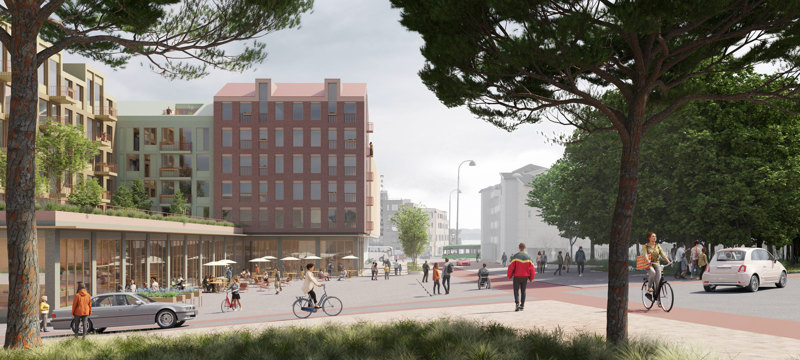 Bymiljø med både gående, syklister og biler. Bakerst i bildet skimter vi Hillevågveien. 