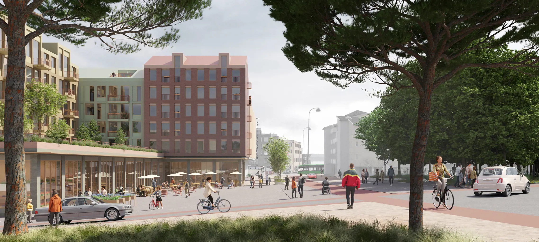 Hvordan kan området rundt Kilden bli et kjekkere sted å ferdes og oppholde seg? Hillevågplanen foreslår at området som i dag er parkeringsplassen til Jysk, i framtiden vil kunne forvandles til et torg. Vi foreslår også å stenge deler av Torgveien for biler, og gjøre dagens Hillevåg torg om til en park. Illustrasjon: Mad arkitekter. Bymiljø med både gående, syklister og biler. Bakerst i bildet skimter vi Hillevågveien.