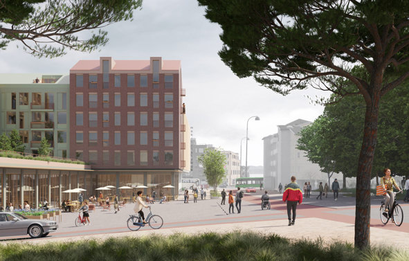 Hvordan kan området rundt Kilden bli et kjekkere sted å ferdes og oppholde seg? Hillevågplanen foreslår at området som i dag er parkeringsplassen til Jysk, i framtiden vil kunne forvandles til et torg. Vi foreslår også å stenge deler av Torgveien for biler, og gjøre dagens Hillevåg torg om til en park. Illustrasjon: Mad arkitekter. Bymiljø med både gående, syklister og biler. Bakerst i bildet skimter vi Hillevågveien.