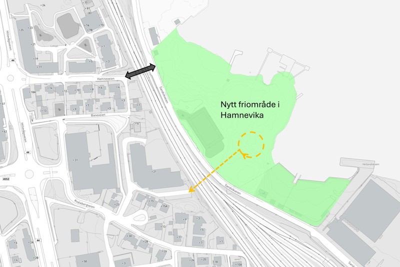 Kart som viser de to alternativene til tilkomst til den nye parken i Hamnevika. 