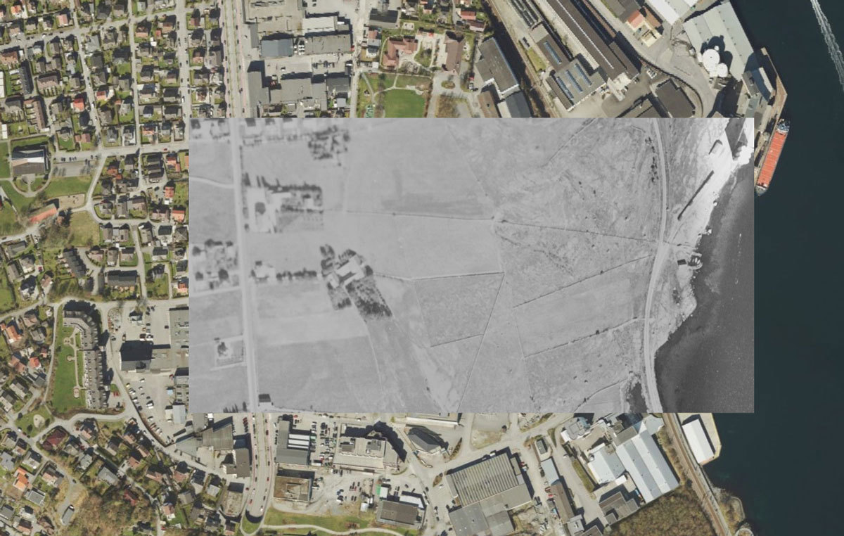 Tenk på alt et gammelt tre har vært vitne til! Det grå området viser hvordan det så ut mellom Kvaleberg skole og Felleskjøpet i 1937. 
