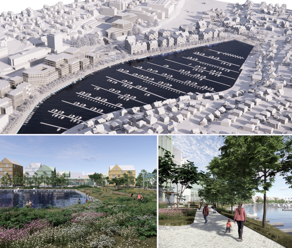 Tre illustrasjoner av hvordan Paradis kan se ut i framtiden, med ny bebyggelse langs Hillevågsvatnet.