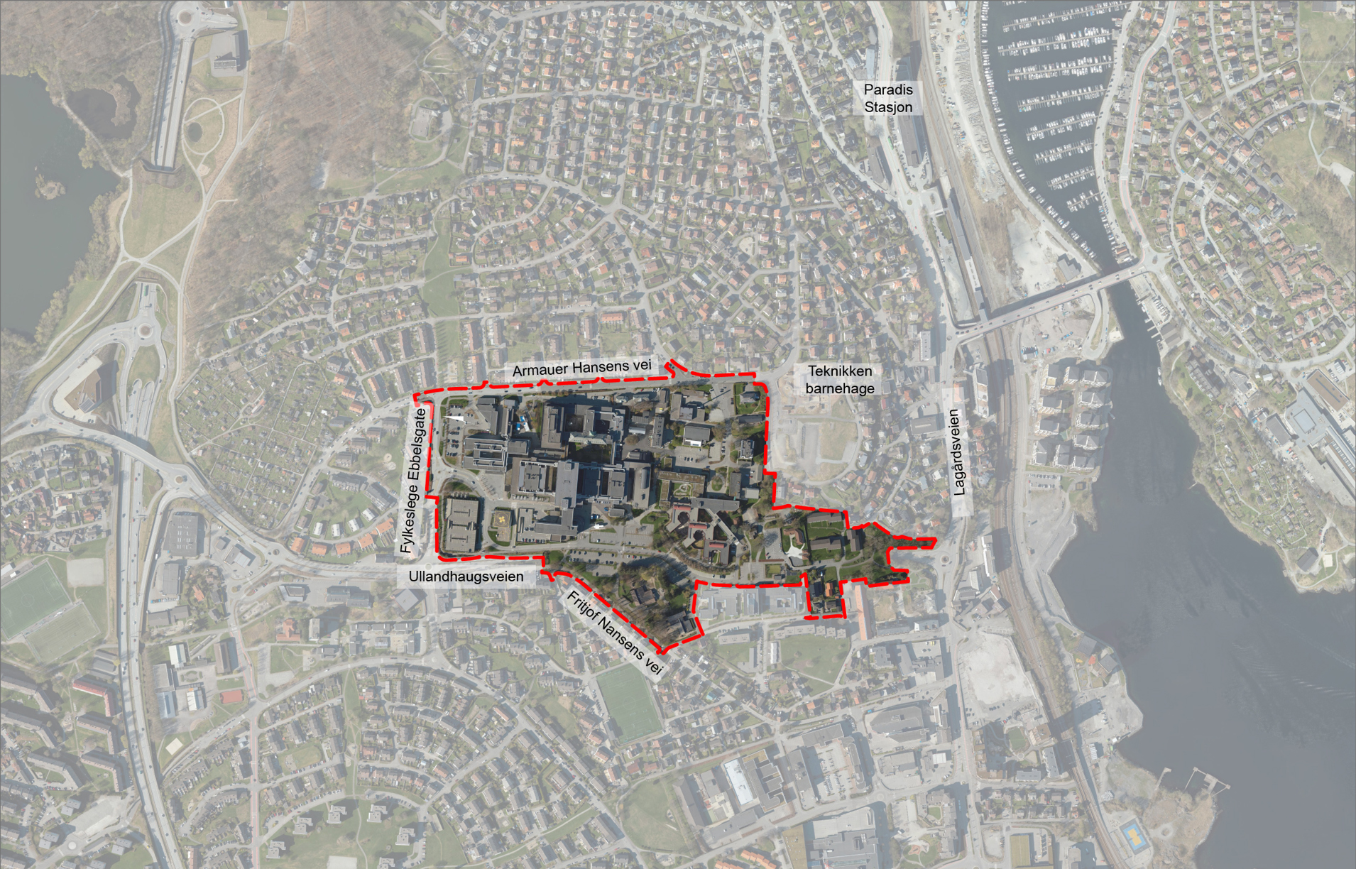 Kart som viser at planen gjelder området der SUS ligger i dag.