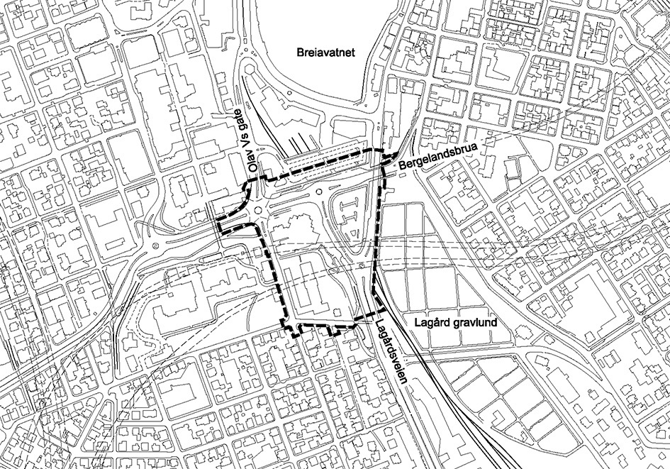 Plangrensen omfatter dagens teater- og museumsbygg og veiene rundt.