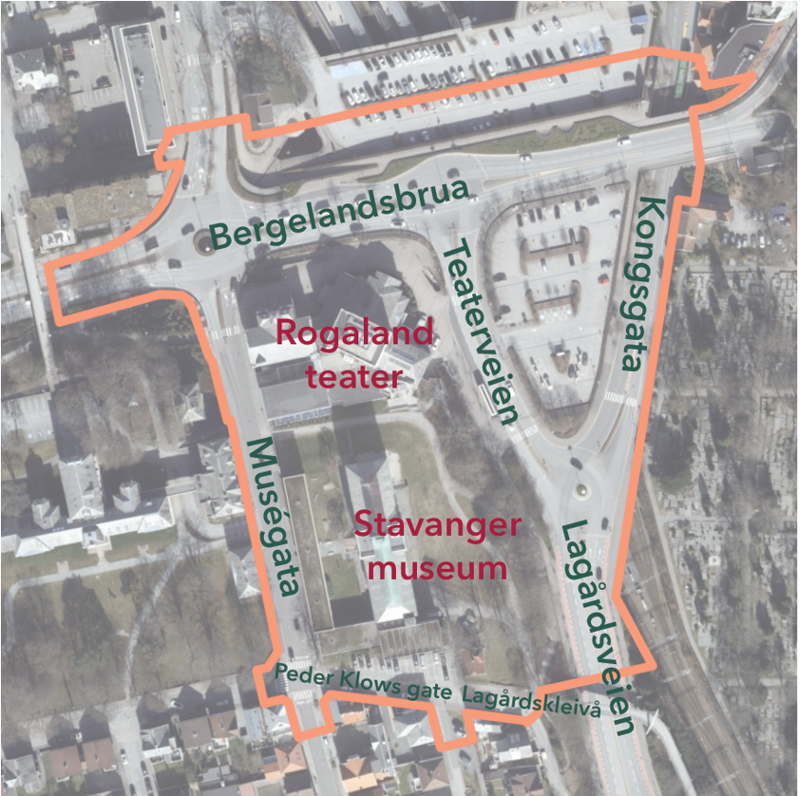 Planområdet er innenfor den oransje linja. Omkringliggende veier er tatt med siden vi må se på tilrettelegging for gående, syklende og varelevering.