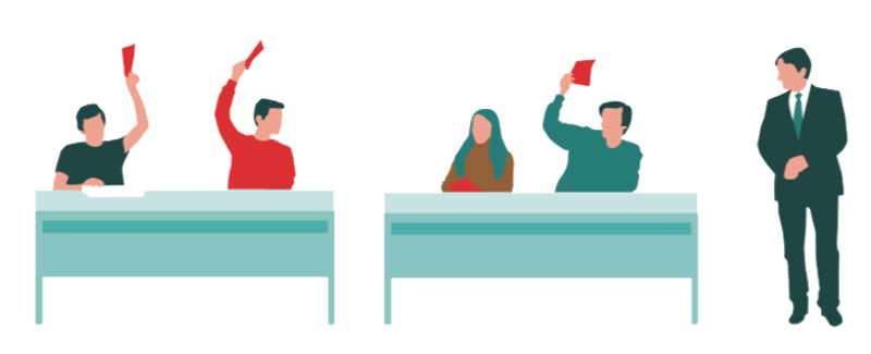 Illustrasjon: Berit Sømme. Politikere som holder opp stemmesedler. 