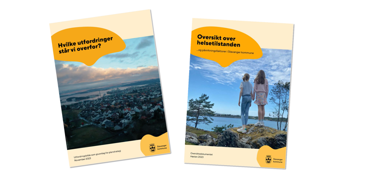 Forsidene til utfordringsbildet og oversikt over helsetilstanden i Stavanger, som ligger som vedlegg til planstrategien. 