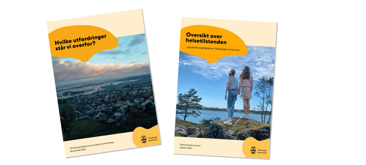Forsidene til utfordringsbildet og oversikt over helsetilstanden i Stavanger, som ligger som vedlegg til planstrategien. 