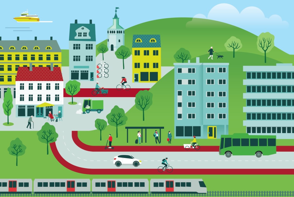 Illustrasjon av bymiljø med bilvei, sykkelfelt, buss, busstopp, delesykler, transportsykler osv. Illustrasjon: Berit Sømme