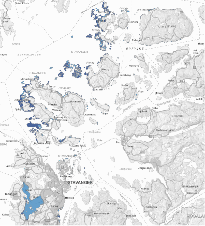Kartet viser marint biologisk mangfold etter DN-håndbok 19. Lys blå er lokalt viktige områder, mellomblå er viktige områder og mørk blå er svært viktige områder. Lokalt viktige områder er ikke kartlagt i kommunedelene Rennesøy og Finnøy.