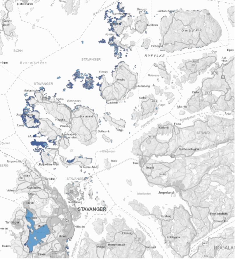 Kartet viser marint biologisk mangfold etter DN-håndbok 19. Lys blå er lokalt viktige områder, mellomblå er viktige områder og mørk blå er svært viktige områder. Lokalt viktige områder er ikke kartlagt i kommunedelene Rennesøy og Finnøy.