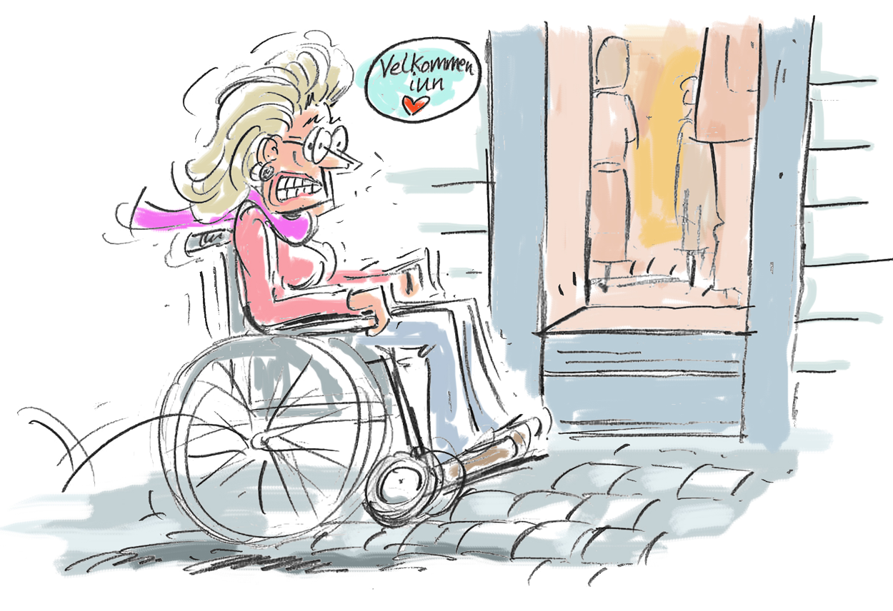 Dame kommer trillende i rullestol, men dørterskelen inn til huset er altfor høy. 