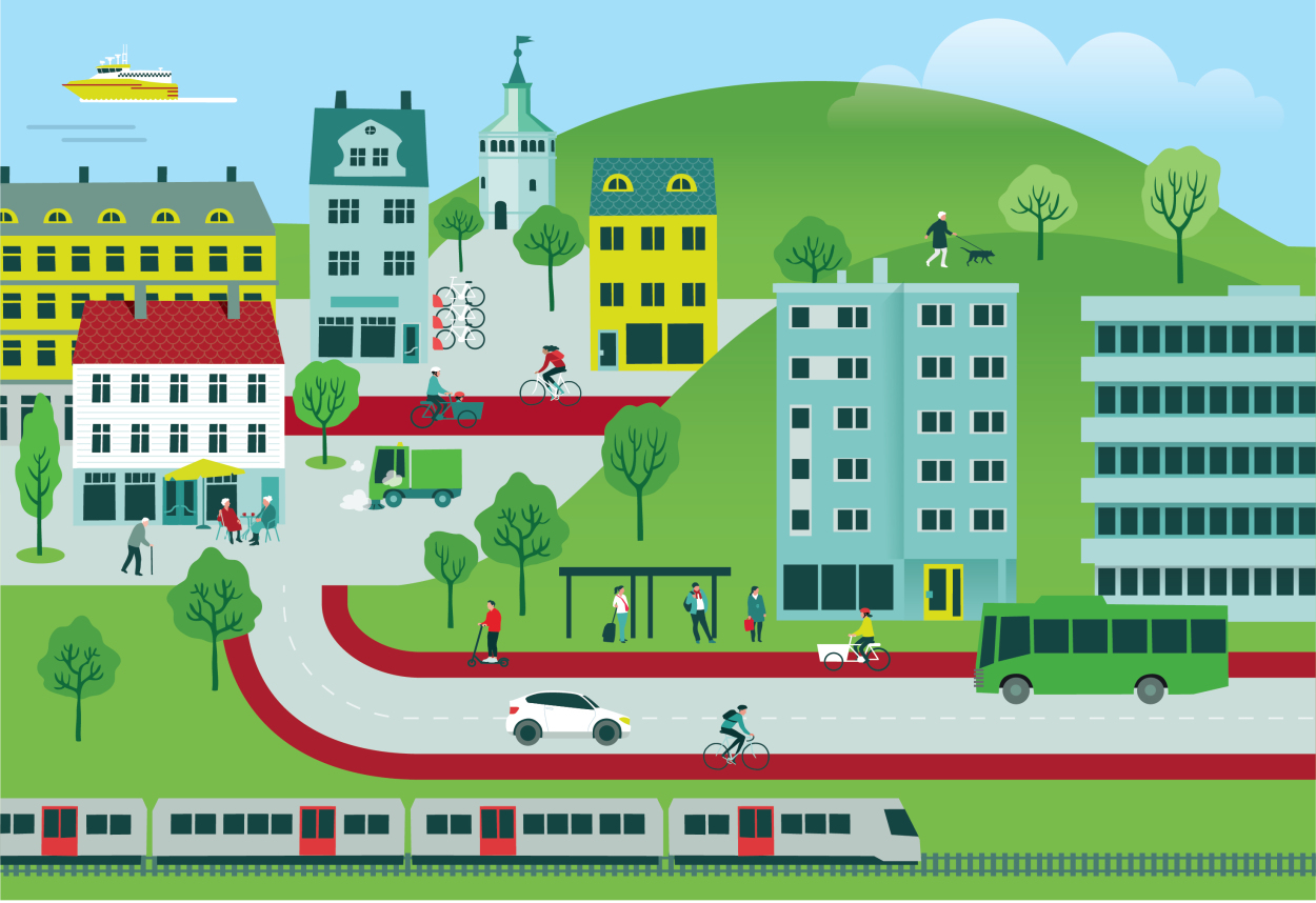 Illustrasjon av et bymiljø med biler, sykler, gående 