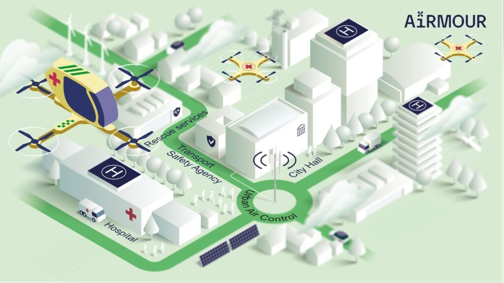 Illustrasjonsbilde som viser et kart over et sykehus med droner flyvende over. 
